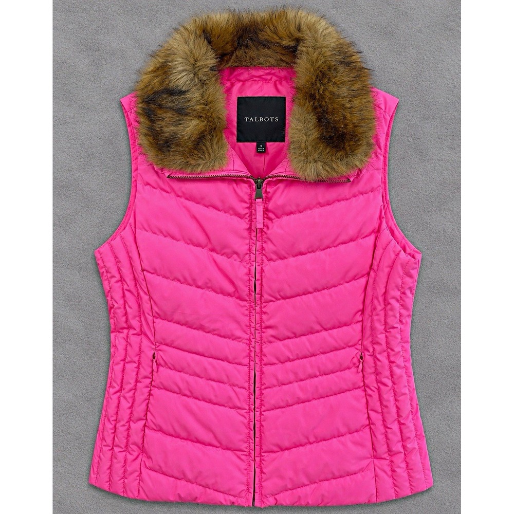 Talbots Womens S Pink Down Quilted Puffer Vest Faux Fur Trim Full Zip Pockets